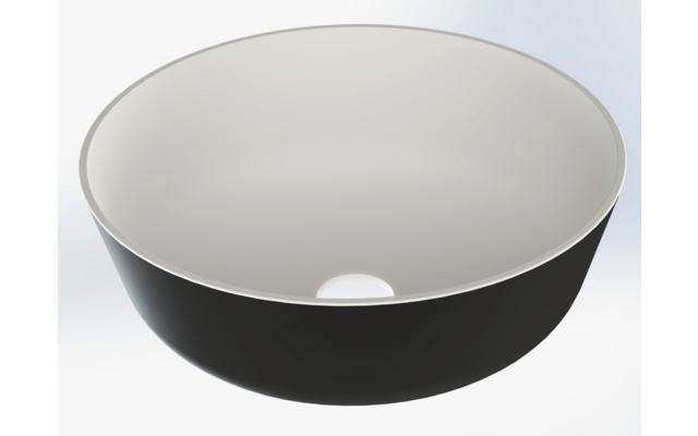 Ronde kom met zwarte buitenkant en lichtgrijze binnenkant, kleine witte stip op de binnenbodem, licht van boven gezien