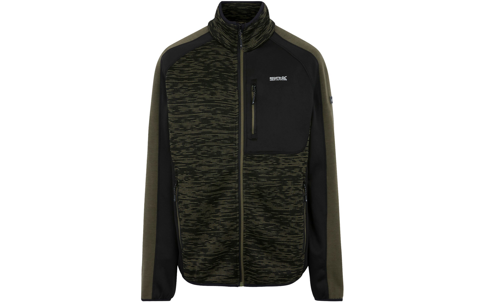 Grüne und schwarze Jacke mit Reißverschluss und Stehkragen