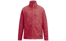 Veste polaire rouge avec fermeture éclair intégrale, col montant, manches longues, motif chiné et petite étiquette noire en bas à droite