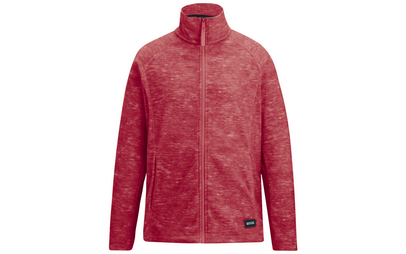 Rote Fleecejacke mit durchgehendem Reißverschluss, Stehkragen, langen Ärmeln, meliertem Muster und kleinem schwarzem Etikett am unteren rechten Saum