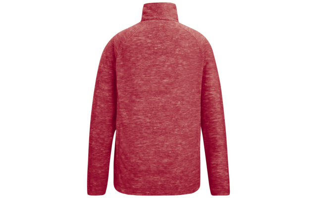 Rückansicht eines roten melierten Pullovers mit langen Ärmeln und Stehkragen vor weißem Hintergrund