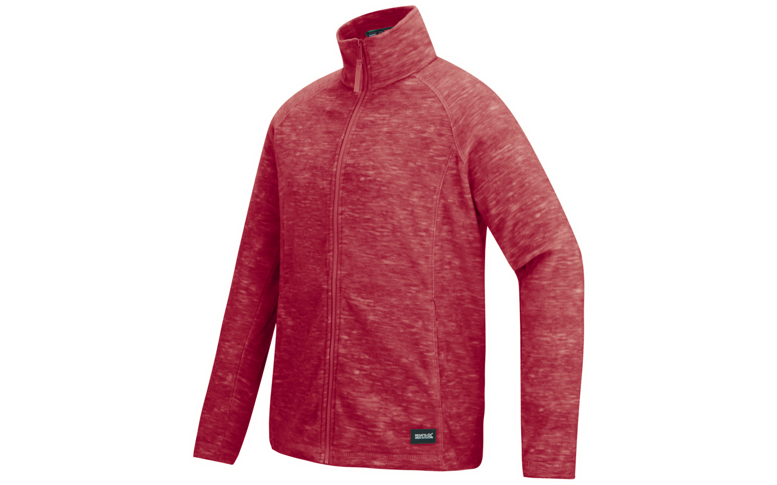 Rote, melierte Jacke mit durchgehendem Reißverschluss, Stehkragen, langen Ärmeln und kleinem rechteckigem Etikett am unteren Saum