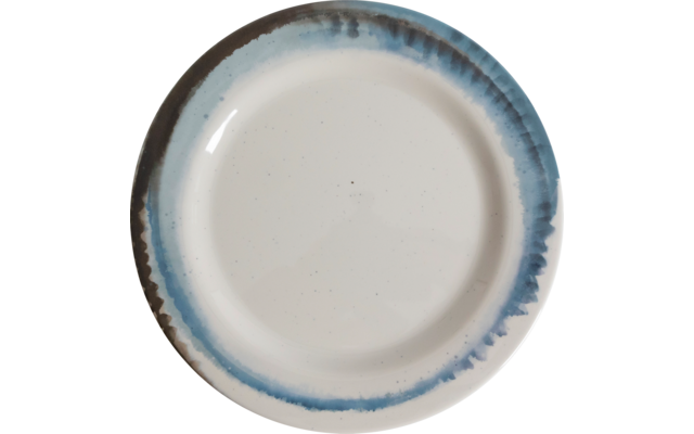 Rond wit keramisch bord met blauwe en bruine rand