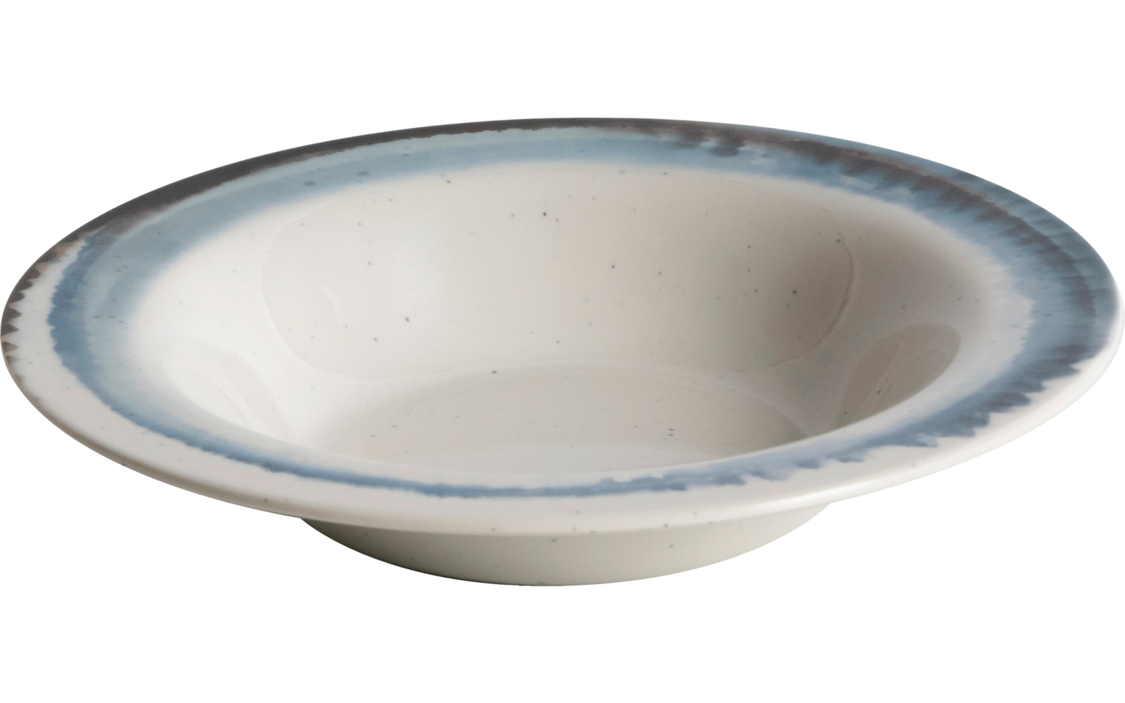 Ondiepe witte keramische kom met blauwe rand en lichte spikkels