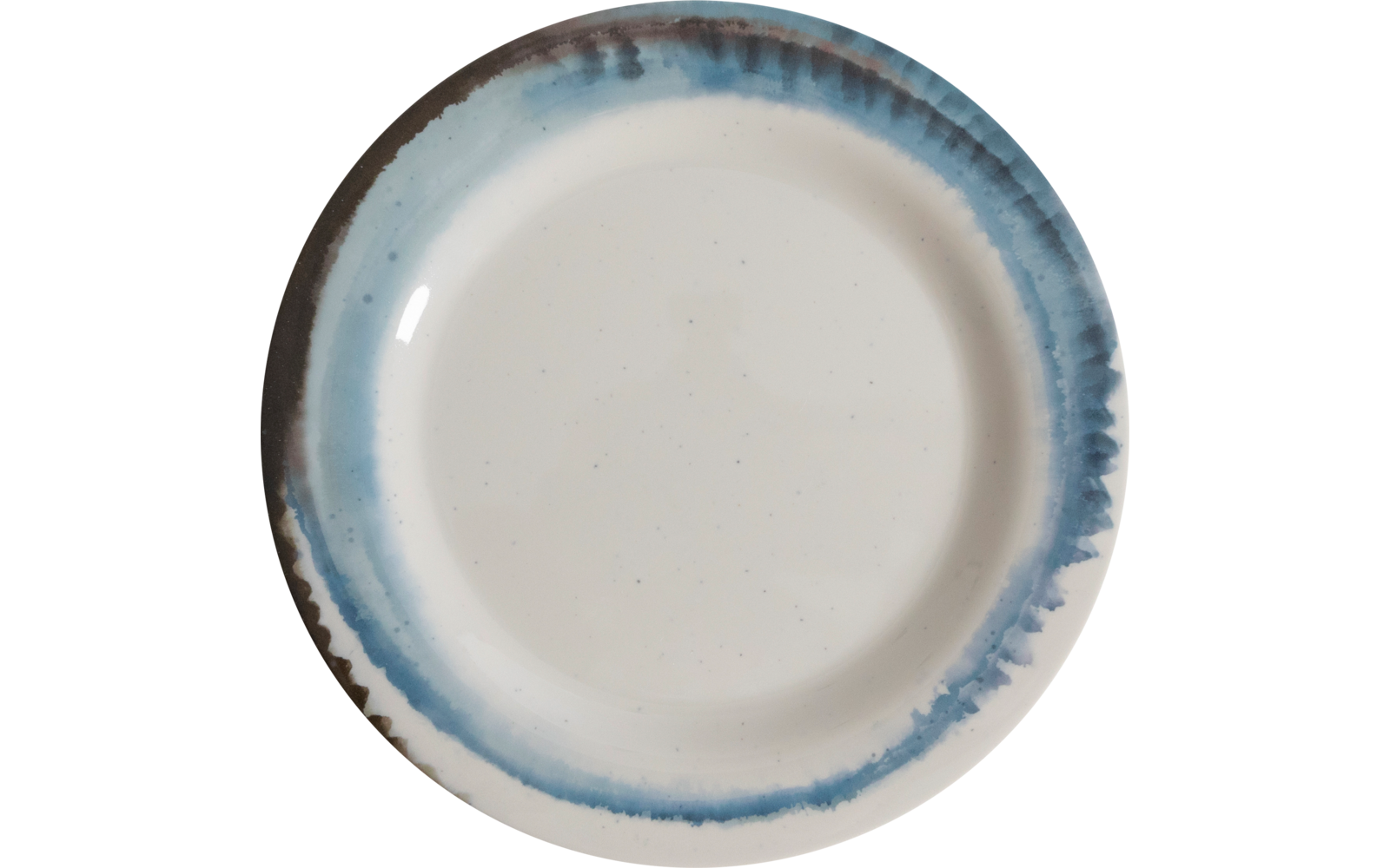 Rond keramisch bord met wit midden, blauwe aquarelrand en bruine buitenrand