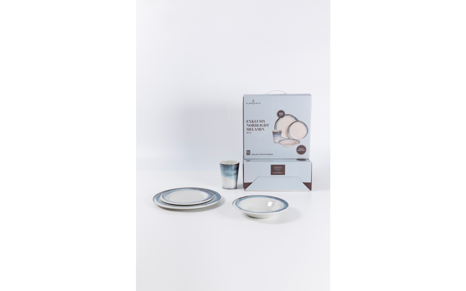 Produktbild Flamefield Exklusiv Nordlight Melamin Geschirr-Set Anti-Slip 16-tlg. f&uuml;r 4 Personen 1