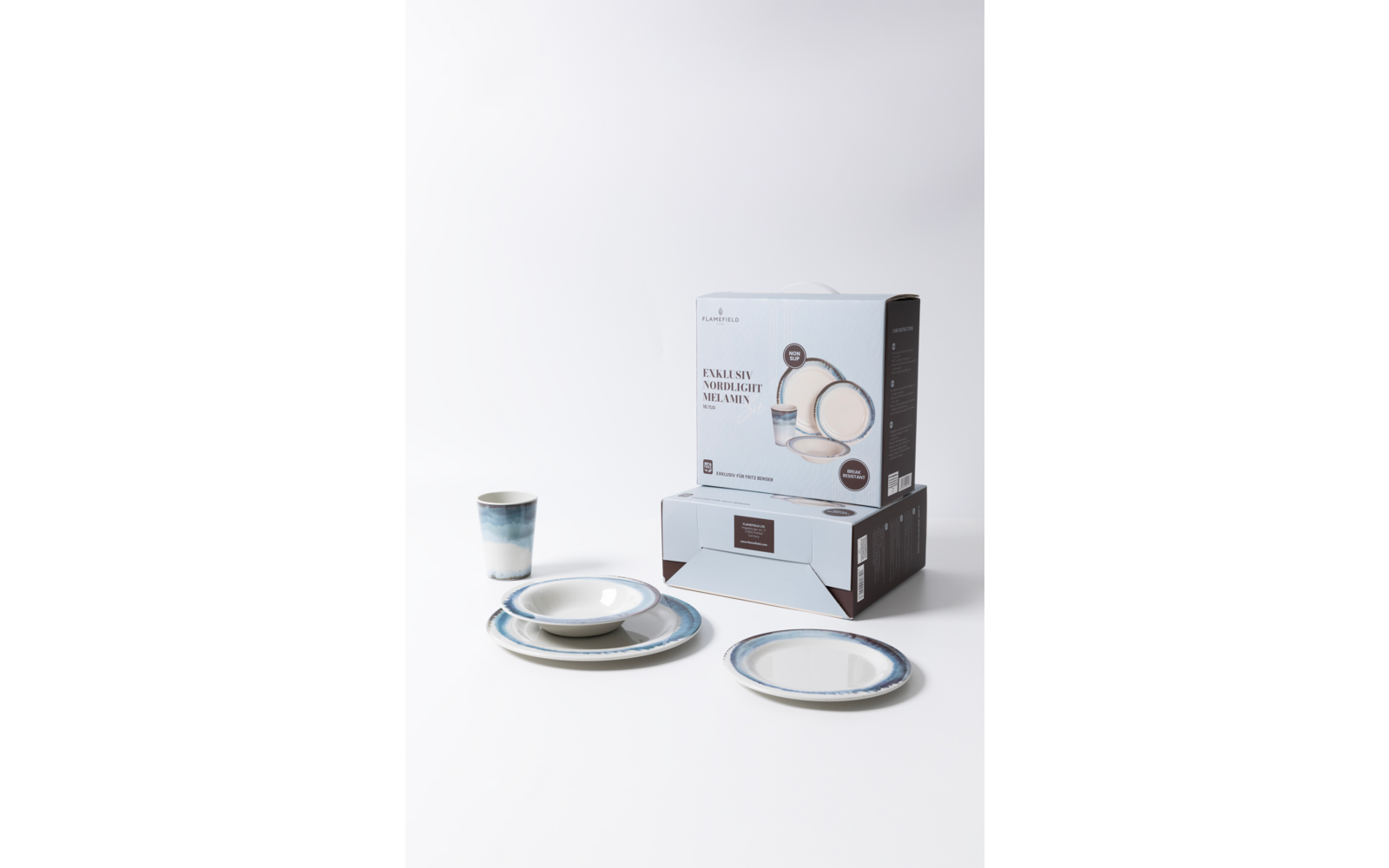 Produktbild Flamefield Exklusiv Nordlight Melamin Geschirr-Set Anti-Slip 16-tlg. f&uuml;r 4 Personen 1