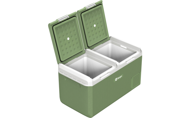 Grüne rechteckige Kühlbox mit zwei geöffneten Deckeln und zwei weißen Innenfächern