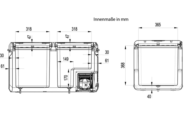 Dessin technique en noir et blanc montrant deux boîtes rectangulaires côte à côte avec flèches de cote et mesures en millimètres ; à droite une vue de côté et un petit détail en bas à droite