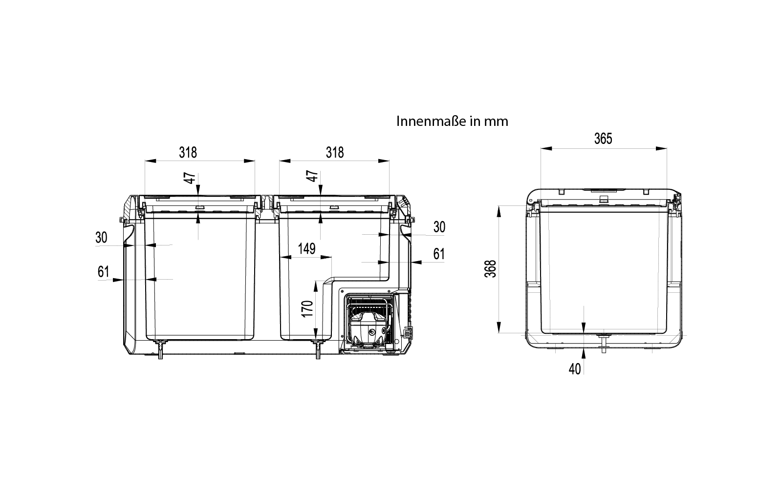 Dessin technique en noir et blanc montrant deux boîtes rectangulaires côte à côte avec flèches de cote et mesures en millimètres ; à droite une vue de côté et un petit détail en bas à droite