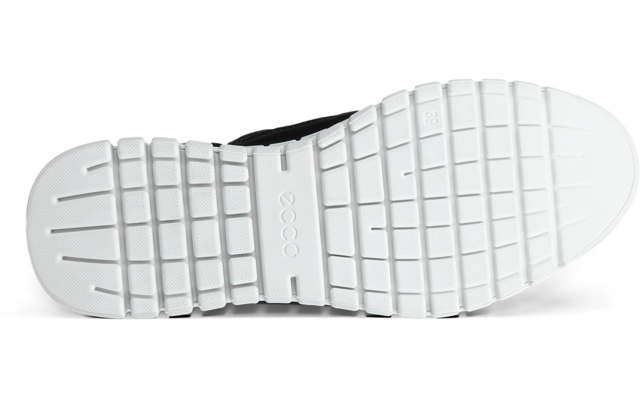 Suela de zapato blanca vista desde abajo, dibujo de tacos rectangulares en cuadrícula; borde superior negro del zapato visible