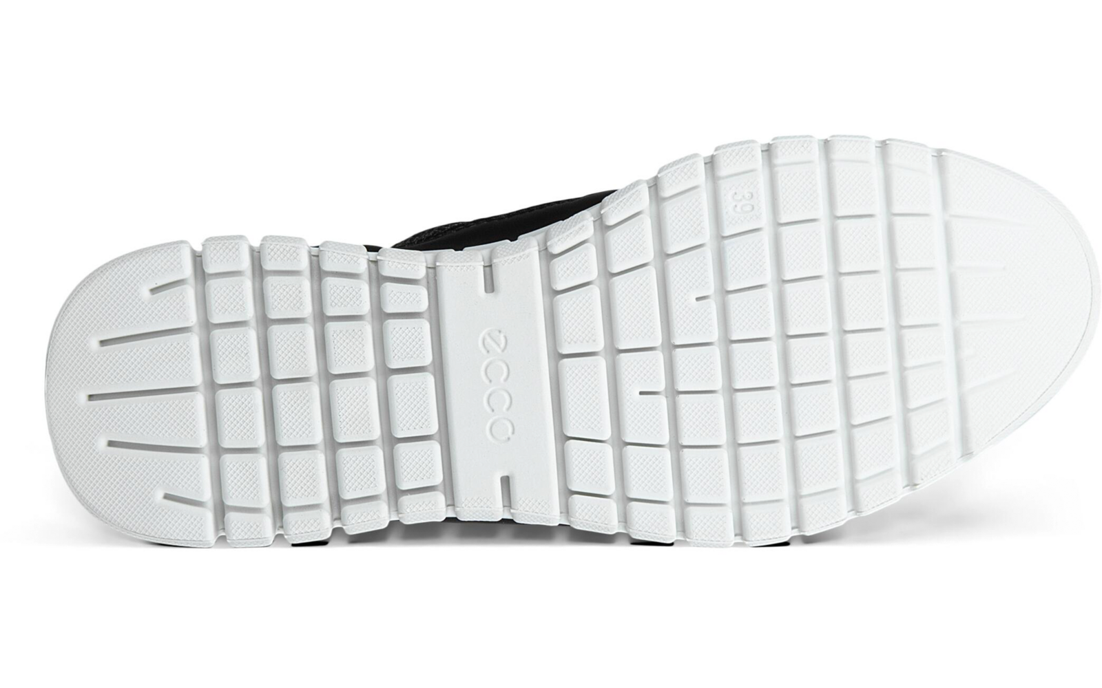 Suela de zapato blanca vista desde abajo, dibujo de tacos rectangulares en cuadrícula; borde superior negro del zapato visible