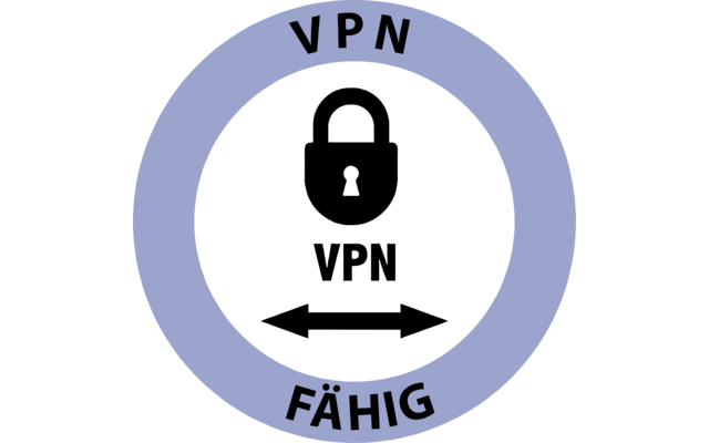 Blauer Kreis mit weißem Innenkreis, schwarzes Vorhängeschloss-Symbol oben im Inneren, darunter schwarzer Schriftzug 'VPN', darunter schwarzer doppelseitiger horizontaler Pfeil; auf dem blauen Ring oben 'VPN' und unten 'FÄHIG'
