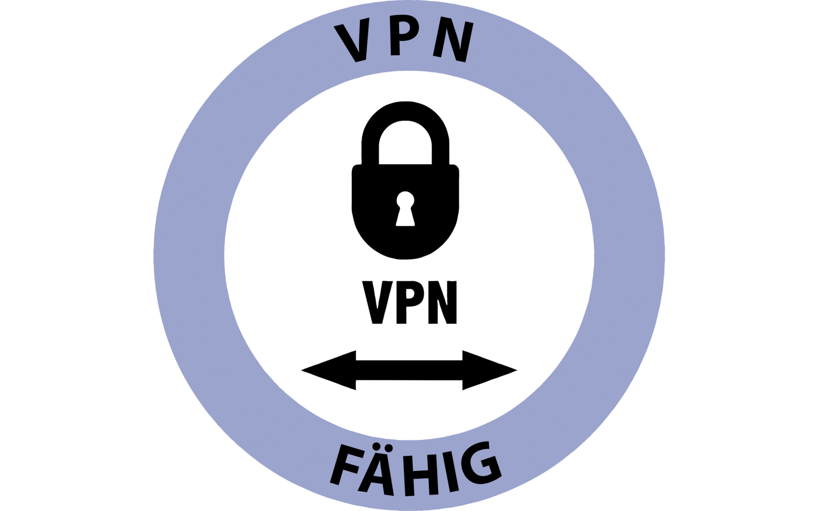Blauer Kreis mit weißem Innenkreis, schwarzes Vorhängeschloss-Symbol oben im Inneren, darunter schwarzer Schriftzug 'VPN', darunter schwarzer doppelseitiger horizontaler Pfeil; auf dem blauen Ring oben 'VPN' und unten 'FÄHIG'