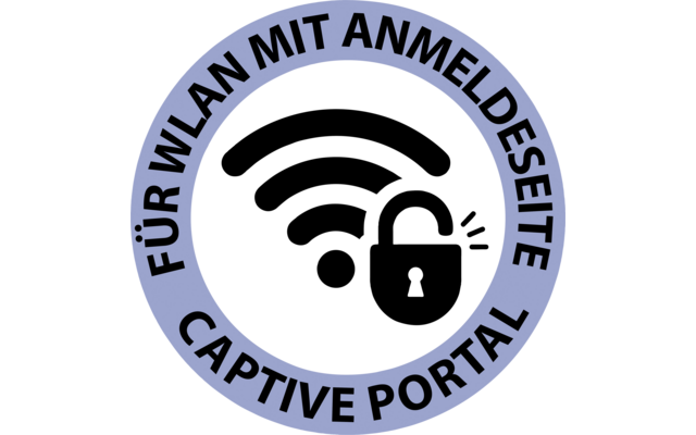 Runder hellblauer Rand um weißen Kreis; in der Mitte links ein schwarzes WLAN‑Symbol und rechts ein offenes schwarzes Vorhängeschloss; schwarzer Text auf dem Rand: 'FÜR WLAN MIT ANMELDESEITE' und 'CAPTIVE PORTAL'