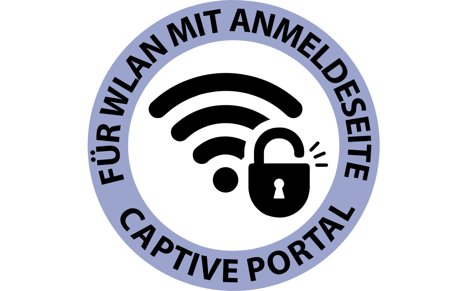 Runder hellblauer Rand um weißen Kreis; in der Mitte links ein schwarzes WLAN‑Symbol und rechts ein offenes schwarzes Vorhängeschloss; schwarzer Text auf dem Rand: 'FÜR WLAN MIT ANMELDESEITE' und 'CAPTIVE PORTAL'