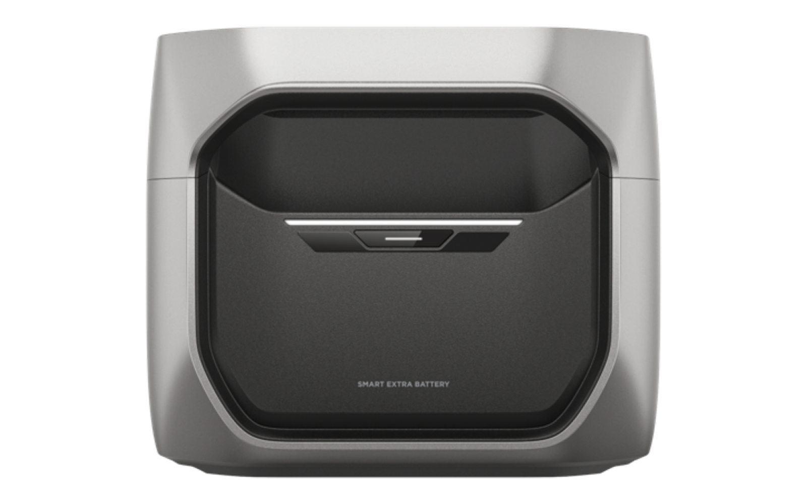 Zilvergrijs apparaat met afgeronde hoeken en een donkere, verzonken middenpartij; voorzijde met een smalle horizontale gleuf en de tekst "SMART EXTRA BATTERY"