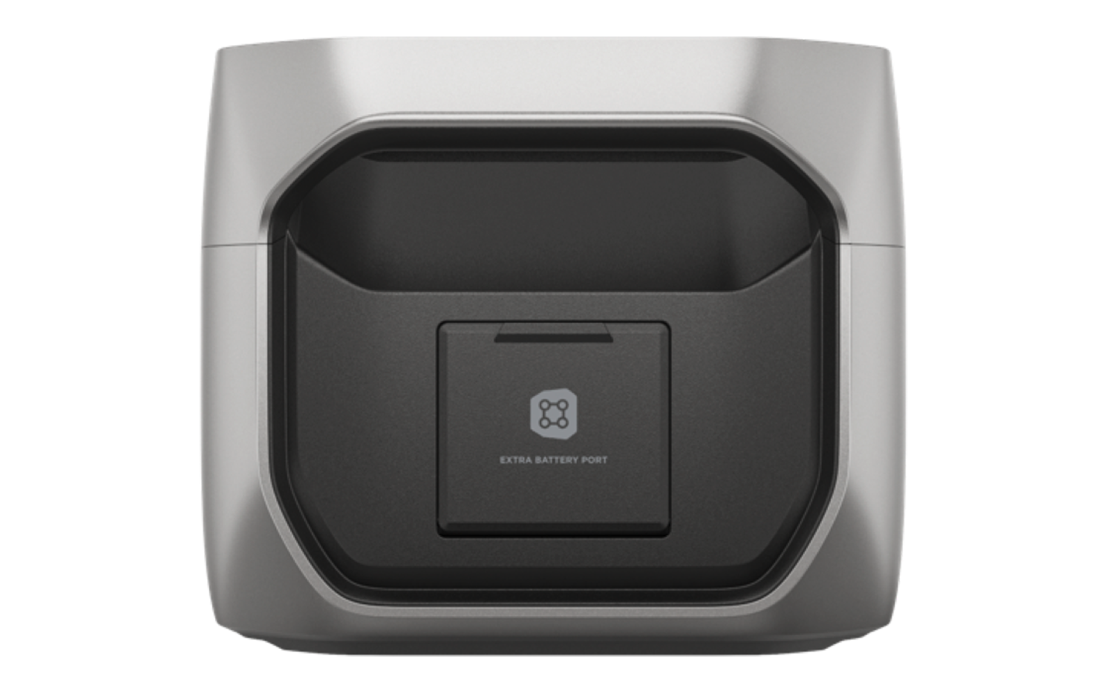 Zilverkleurig apparaat met een donkere rechthoekige inkeping en een centraal geplaatste klep met de tekst 'EXTRA BATTERY PORT' en een klein symbool