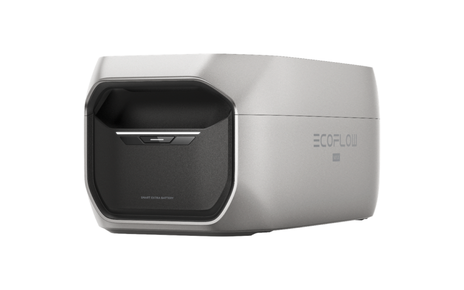 Zilver rechthoekig omhulsel met afgeronde hoeken; zwart verdiept front met een horizontale zilveren strip; "ECOFLOW" op de zijkant gedrukt