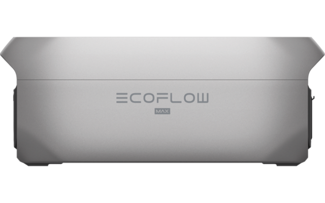 Zilverkleurige rechthoekige metalen behuizing met afgeronde bovenhoeken, in het midden tekst "ECOFLOW" en kleine aanduiding "MAX" eronder