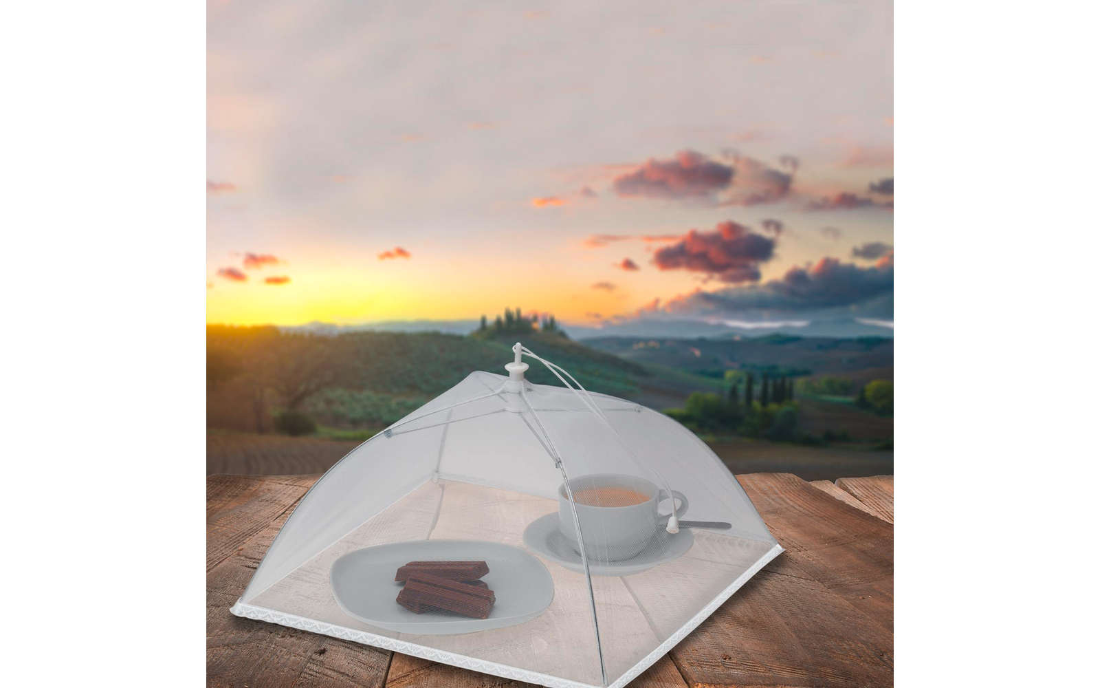 Weißes kuppelförmiges Lebensmittelnetz über einer Tasse mit braunem Getränk auf einer Untertasse und einem Teller mit Schokoladenstücken auf einem Holztisch; im Hintergrund hügelige Landschaft, einzelne Bäume und die Sonne nahe dem Horizont mit bunte