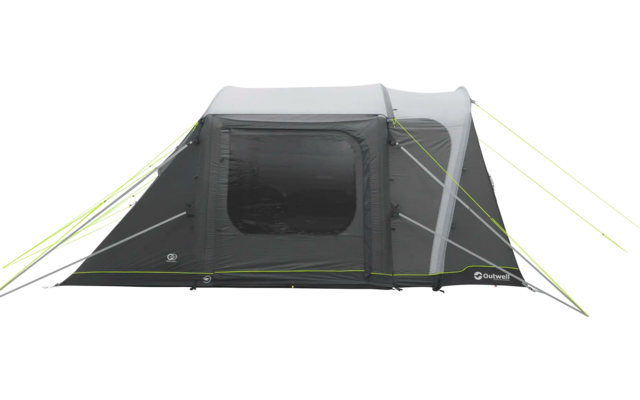 Geschlossenes graues Zelt mit grünen Stangen auf weißem Hintergrund