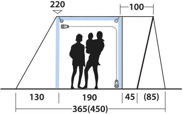 Maßzeichnung mit zwei Personen, die vor einer Wand stehen, Linien zeigen Abmessungen in Millimetern