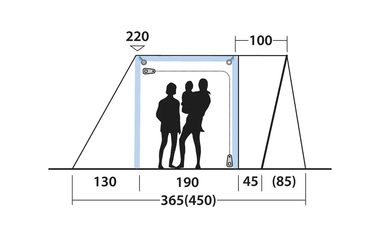 Maßzeichnung mit zwei Personen, die vor einer Wand stehen, Linien zeigen Abmessungen in Millimetern