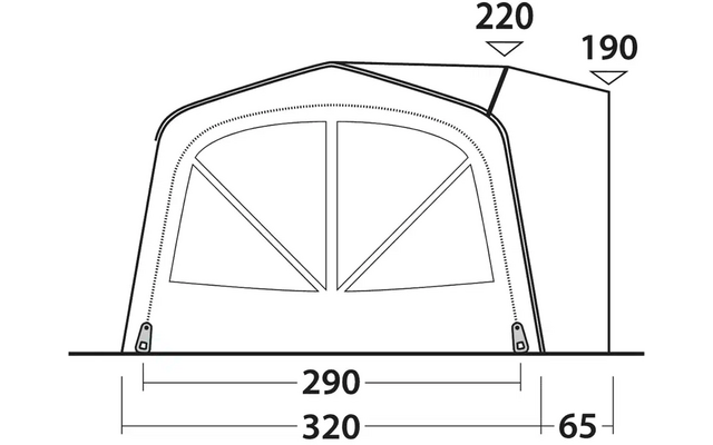 Schwarz-weiße technische Zeichnung eines Zelts mit Maßen in Zentimetern