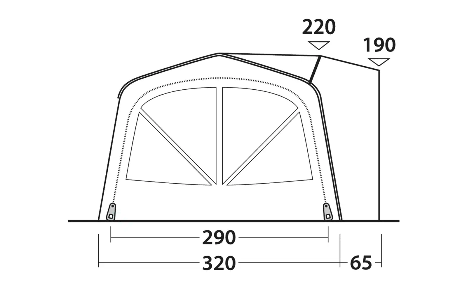 Schwarz-weiße technische Zeichnung eines Zelts mit Maßen in Zentimetern