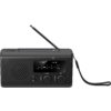 Schwarzes tragbares Radio mit ausgezogener Teleskopantenne, rechteckigem Solarpanel oben, Lautsprechergitter links, kleines Display mittig, zwei Drehregler ('VOLUME', 'TUNE'), SOS-Knopf oben und Trageschlaufe rechts