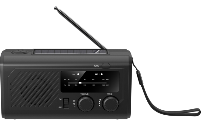 Schwarzes tragbares Radio mit ausgezogener Teleskopantenne, rechteckigem Solarpanel oben, Lautsprechergitter links, kleines Display mittig, zwei Drehregler ('VOLUME', 'TUNE'), SOS-Knopf oben und Trageschlaufe rechts