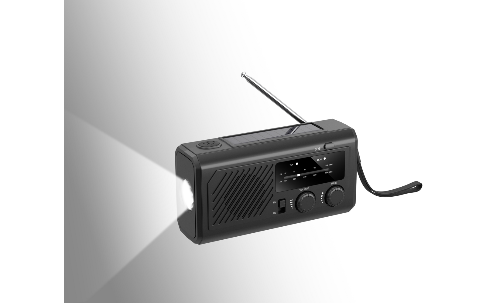 Schwarzes tragbares Radio mit ausgefahrener Antenne, Lautsprechergitter, zwei Drehknöpfen, Displayfeld, eingeschalteter Taschenlampe links und Trageschlaufe rechts