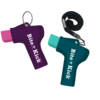 Deux porte-clés en forme de tournevis, un violet et un turquoise, avec texte imprimé