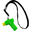 Pistolet en plastique vert avec gâchette jaune attaché à un cordon noir