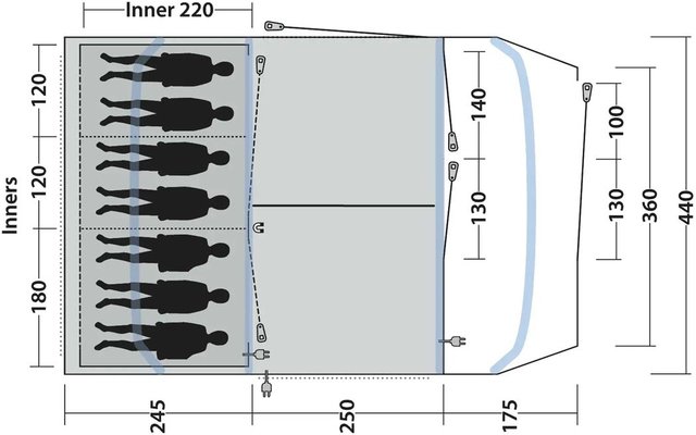 Draufsicht einer technischen Zeichnung mit Maßlinien und Zahlen, sechs schwarze Personen-Silhouetten links, mittlere Trennlinie, vorne abgerundete Kontur mit Fensterskizze