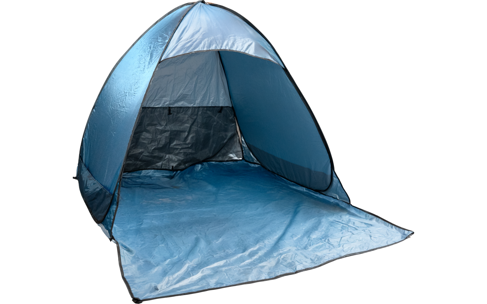 Offenes blaues Zelt mit ausgeklappter Bodenplane und sichtbarem Innenraum