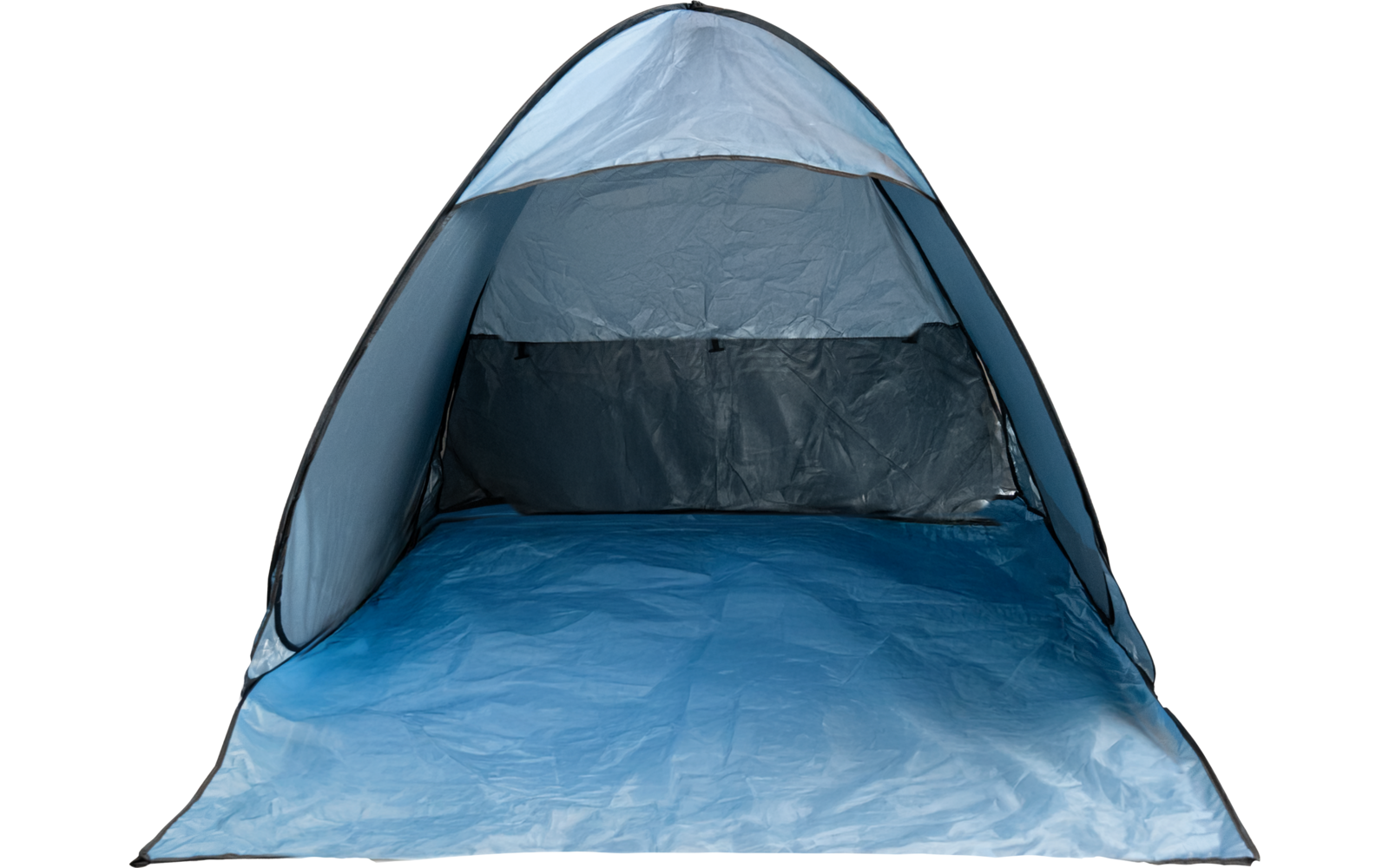 Offenes blaues Zelt mit hellblauem Boden, dunkler Innenrückwand und halbrundem Eingang