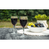 Zwei Weingläser mit Rotwein auf einem Holztisch, daneben eine Schale mit grünen und dunklen Trauben, eine Topfpflanze und ein weißes Tuch, unscharfer grüner Hintergrund