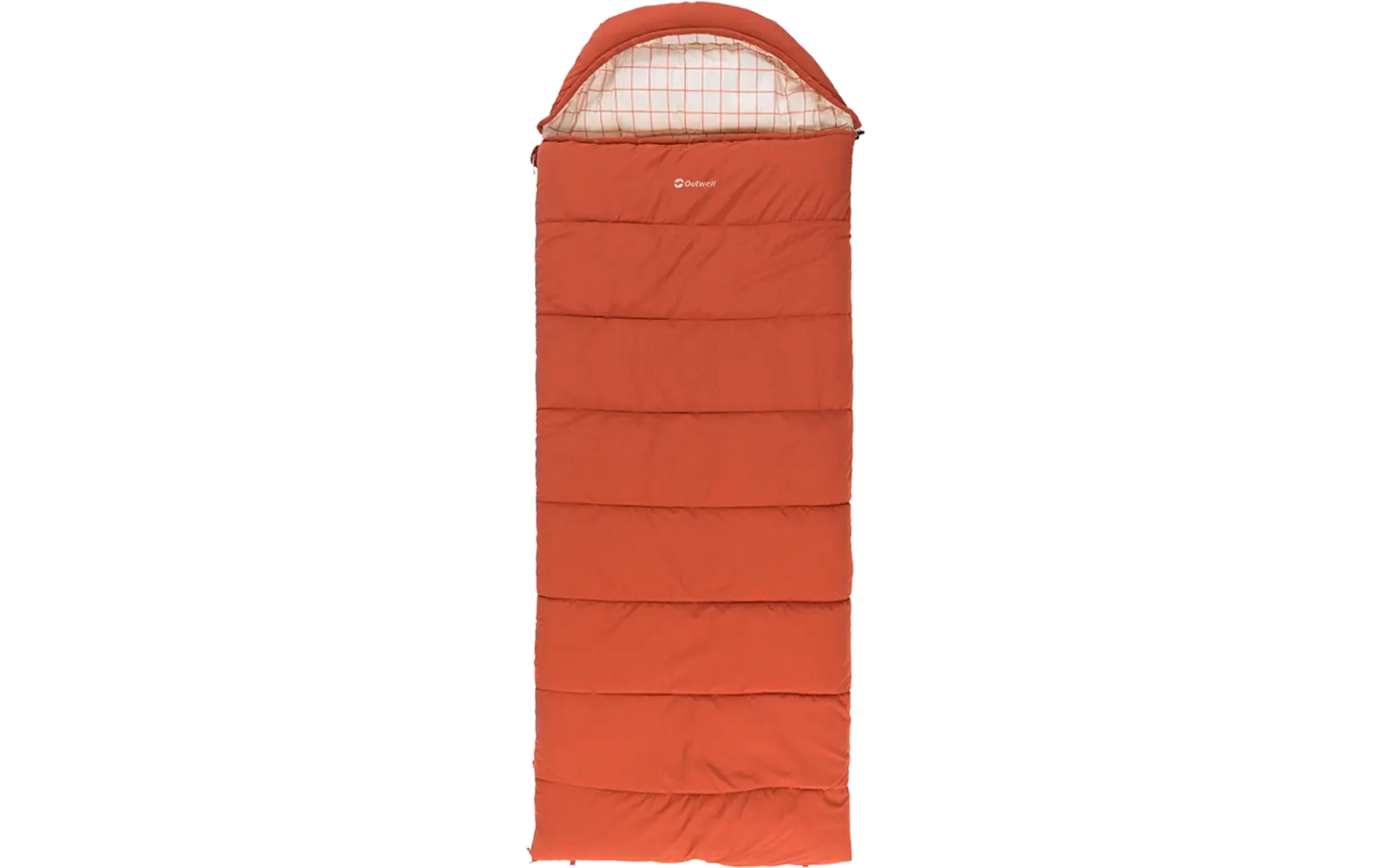 Oranger Schlafsack mit abnehmbarem Kapuzenbereich und kariertem Innenfutter