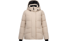 Beige gesteppte Kapuzenjacke mit schwarzer Kapuzeninnenverkleidung, verdecktem Reißverschluss, schwarzen Bündchen und horizontalen Steppnähten vor weißem Hintergrund