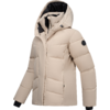 Beige gesteppte Jacke mit Kapuze, schwarzem Innenfutter, verdecktem Reißverschluss, seitlichen Reißverschlusstaschen und rundem schwarzem Aufnäher am linken Oberarm