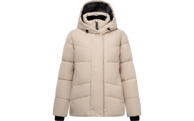 Beige gesteppte Kapuzenjacke mit schwarzer Kapuzeninnenverkleidung, verdecktem Reißverschluss, schwarzen Bündchen und horizontalen Steppnähten vor weißem Hintergrund
