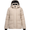 Beige gesteppte Kapuzenjacke mit schwarzer Kapuzeninnenverkleidung, verdecktem Reißverschluss, schwarzen Bündchen und horizontalen Steppnähten vor weißem Hintergrund