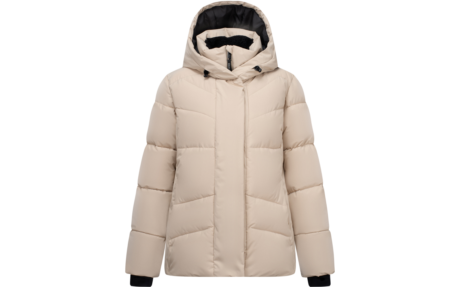 Beige gesteppte Kapuzenjacke mit schwarzer Kapuzeninnenverkleidung, verdecktem Reißverschluss, schwarzen Bündchen und horizontalen Steppnähten vor weißem Hintergrund