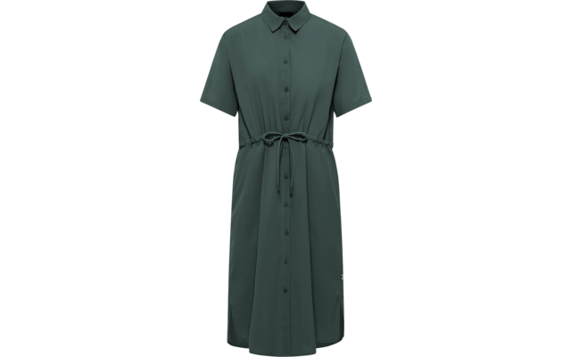 Dunkelgrünes knielanges Hemdblusenkleid mit Kragen, kurzen Ärmeln, durchgehender Knopfleiste, Taillenschnürung und seitlichen Schlitzen