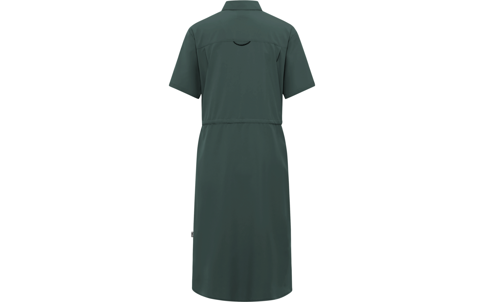 Dunkelgrünes, kurzärmeliges Hemdkleid von hinten, mit Kragen, Rückenpasse, Taillennaht und mittiger Rückennaht