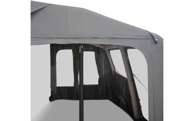 Toit et parois en tissu gris avec fenêtres rectangulaires en moustiquaire, poteau central avec curseur de fermeture jaune