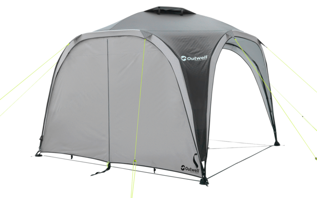 Graues freistehendes Pavillonzelt mit offenem Eingang und neon-gelben Abspannleinen