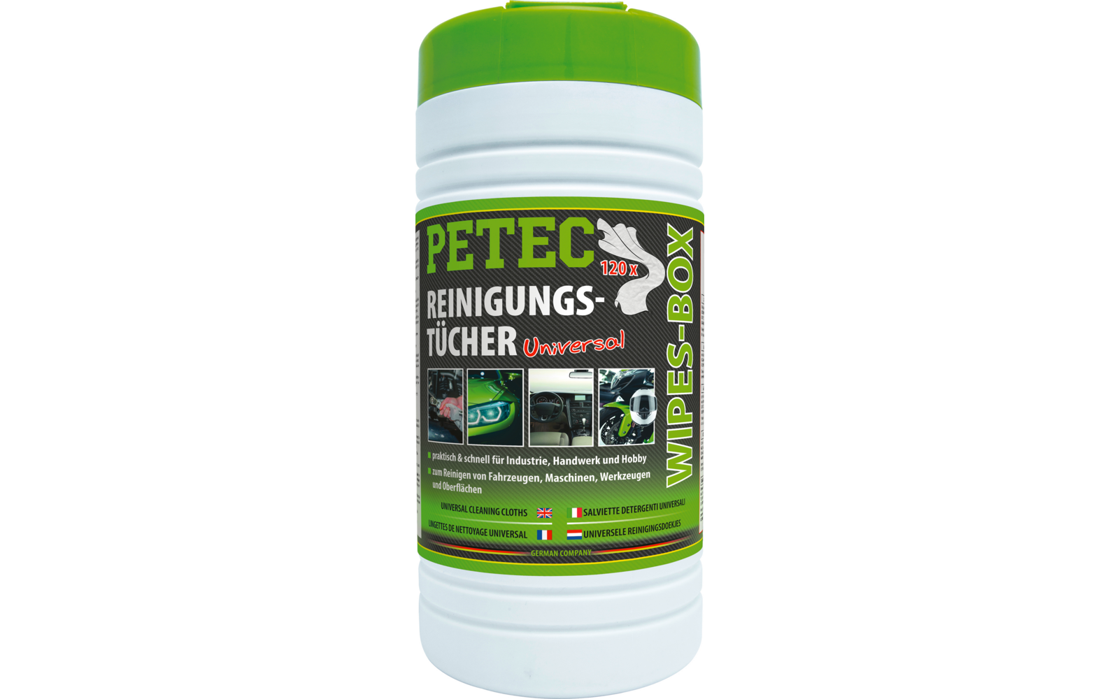 Weiße Kunststoffdose mit grünem Deckel, Etikett mit der Aufschrift 'PETEC REINIGUNGS-TÜCHER Universal WIPES-BOX' und kleinen Produktabbildungen